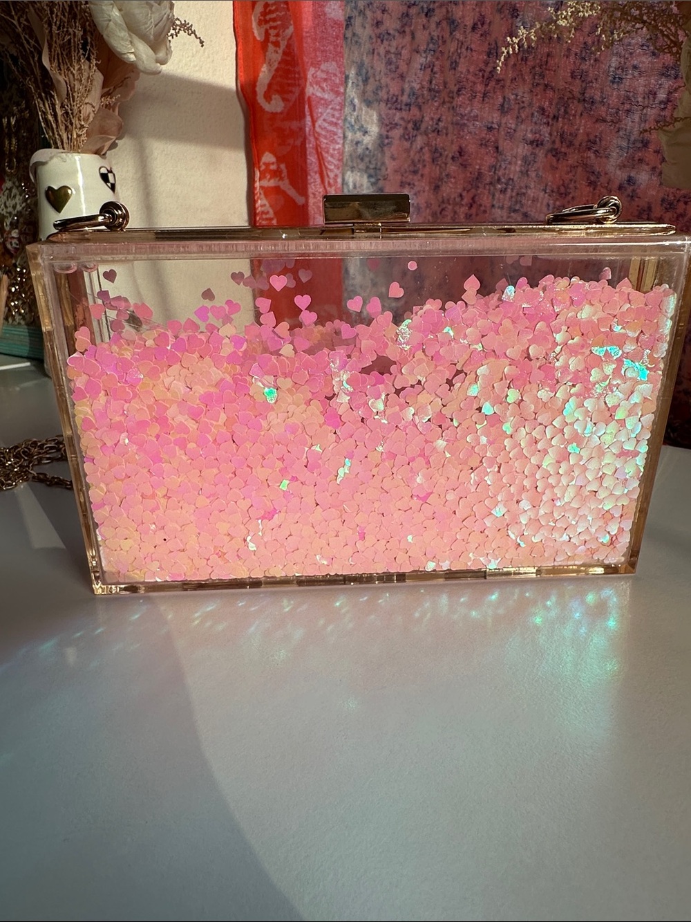 Vintage Floating Heart Acrylic Clutch Pink Iridescent Box Bag Gold Chain